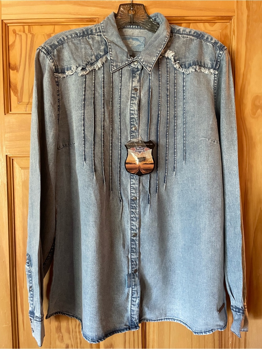 Women's Light Wash Denim Button-Down Shirt with Fringe Trim